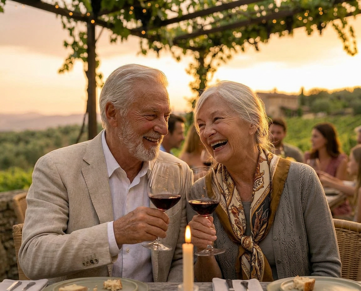 A couple clinking glasses of red wine by candlelight at a vineyard sunset dinner
