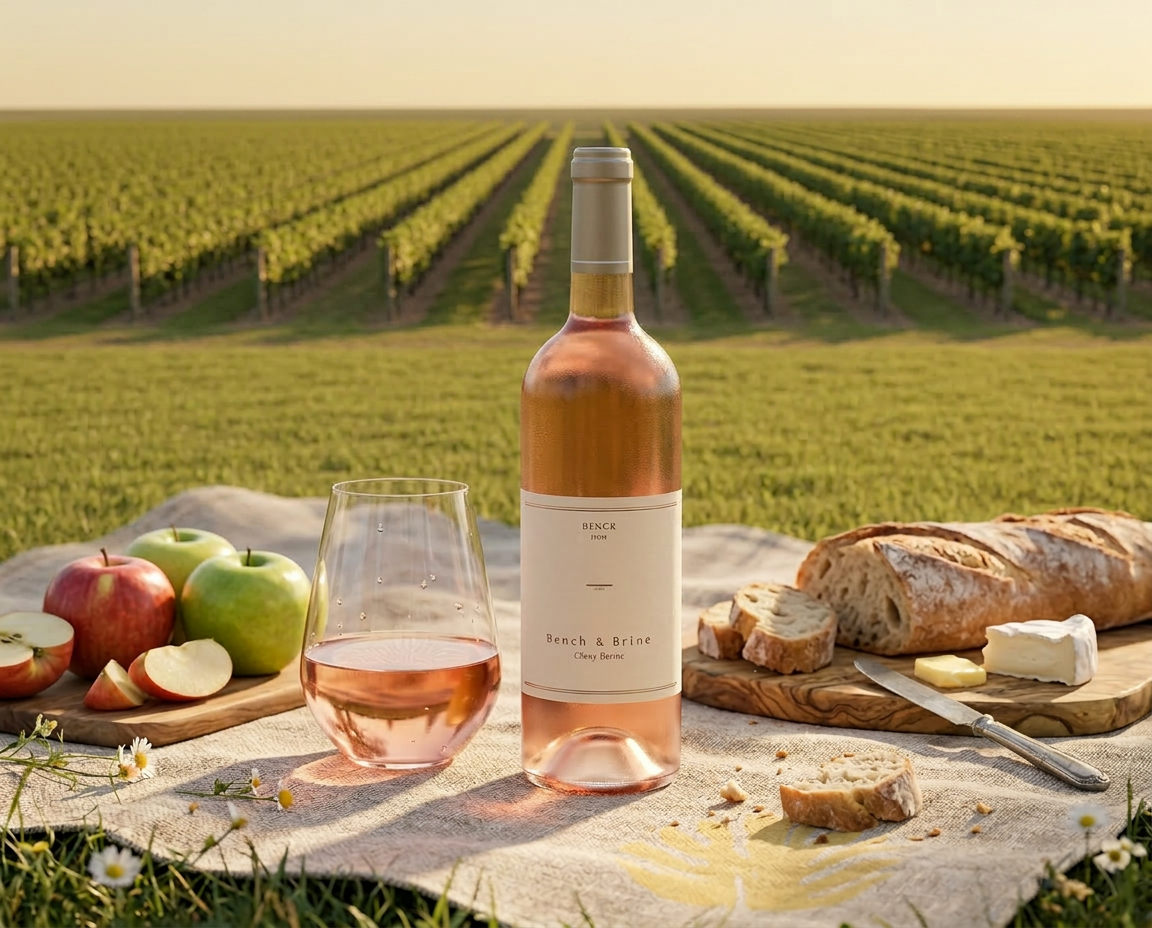 A bottle of Bench and Brine rosé on a picnic blanket in the vineyard with apples and bread